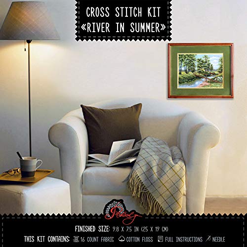 Povitrulya Counted Cross Stitch Kit 'River in Summer', 9.84"x7.48", 16 Count Aida, DIY Embroidery Kit for Adults with Landscape Pattern - color: River in Summer