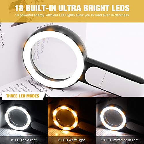 JMH Magnifying Glass with Light, Handheld Large Magnifying Glass 18LED Cold and Warm Light with 3 Modes, Illuminated Lighted Magnifier for Seniors Reading, Coins, Jewelry - color: Black