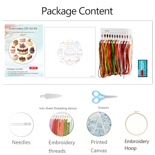 Zhenqing Chocolate Cake Embroidery Kit for Beginners, Pre-Printed 29x29cm Fabric with 20cm Hoop, Threads & Tools, Dessert Design with Macarons and Cupcakes(C0175)