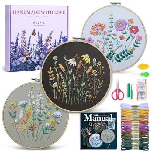 ETSPIL Embroidery Kit for Beginners, 11 Stitches, Easy to Follow, 4K Video - color: flower A3