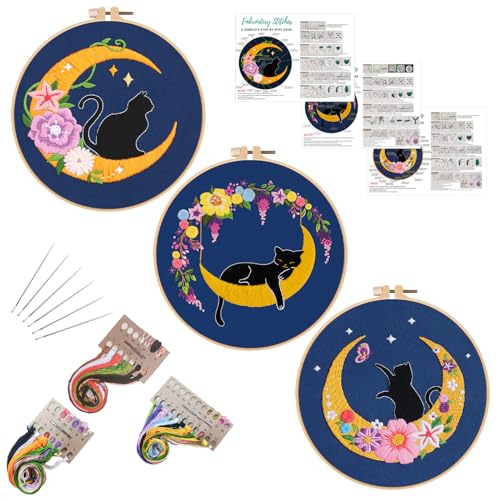 Louise Maelys 3 Set Cat Moon Embroidery Kit for Beginners Craft - color: Animals-8