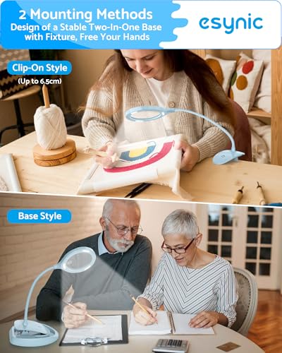 eSynic Magnifier Lamp with Light - 5X & 10X 110mm Large Lens with 15 LED Lights & USB-C Rechargeable Charging- With Flexible Gooseneck Adjustable Dual Clip& Base Mount for Crafts, Reading & Close Work
