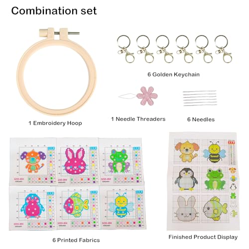 57lilina Cross Stitch Kits for Kids, 6 Set Easy Beginner Embroidery Pattern - color: Dog+Fish+Bee+Frog+Rabbit+Penguin