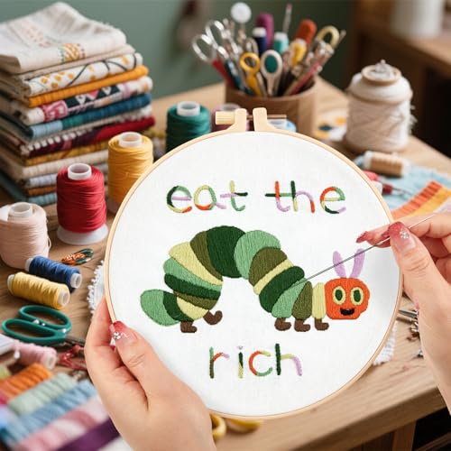 Hungry Caterpillar Embroidery Kits for Beginners Adults, Cute Embroidery Starter Kits, Counted Cross Stitch Kits for Beginners DIY Craft Kits for Adults Women, Embroidery Hoop, Thread & Video Tutorial - color: H2040, size: 8Inch