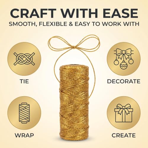 100M/328 Feet Gold String Twine for Crafts Decorative Metallic Bakers String Bakers Twine Glitter Gold Cord for Crafting Decorative Wrapping String for DIY Crafts Presents Gift Wrapping