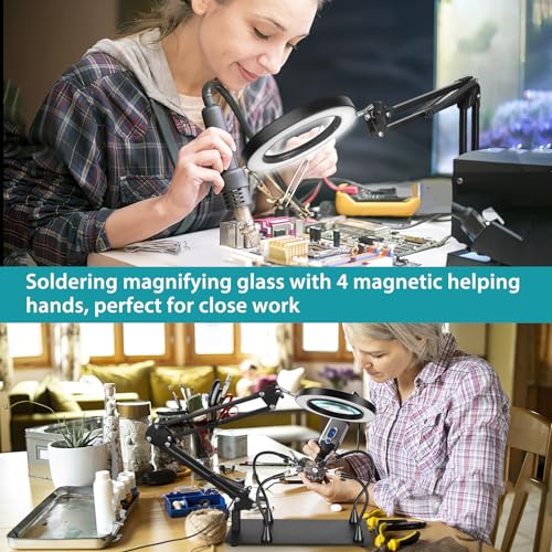Helping Hands Soldering Station, 12X Magnifying Glass with Light and stand with 4 Magnetic Third Hand Soldering Tool, PCB Holder Magnifier Desk Lamp for Soldering Repairing Jewelry Crafts