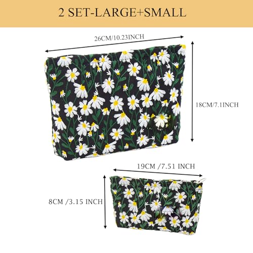 getgto 2 Pcs Makeup Bags, Large Cosmetic Bag Travel Toiletry Bag - color: Black Green Daisy