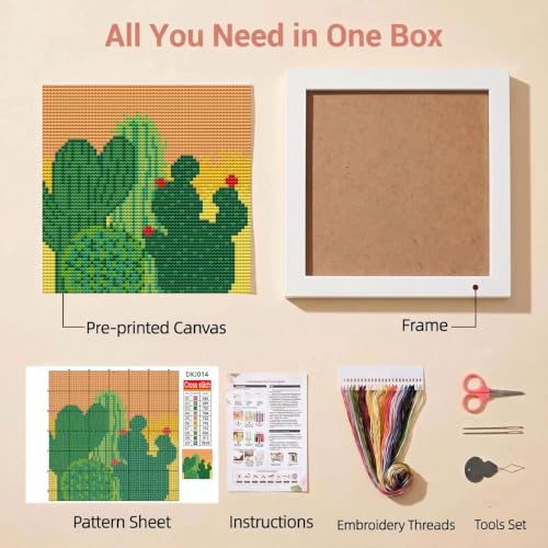 WUSARPLY Cactus Stamped Cross Stitch Kits for Beginners Adults with Framed - color: DKJ014