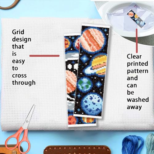 FREEBLOSS 6 Set Cross Stitch Bookmark Kit Planets Pattern Stamped Cross Stitch Kit 11CT Embroidery Kits with Instructions for Beginners Adult 20x6cm/8x2.4inch - style: Universal UFO