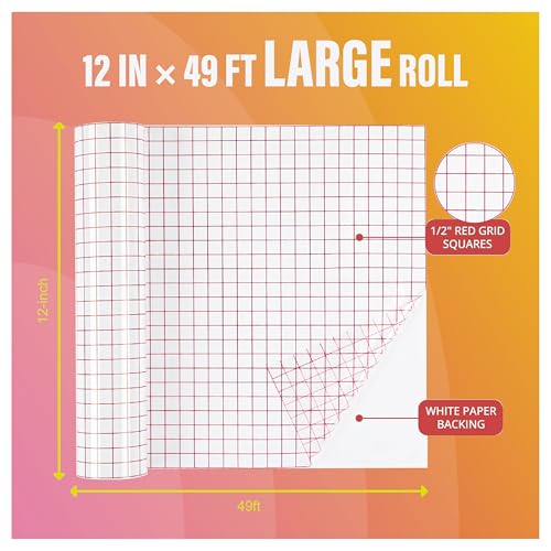 Clear Transfer Tape for Vinyl - 12’’ x 49 FT w/Red Alignment Grid Transfer Paper for Wall, Window, Crafts and Decals, Medium Tack Vinyl Transfer Tape for Permanent Adhesive Vinyl Sheets