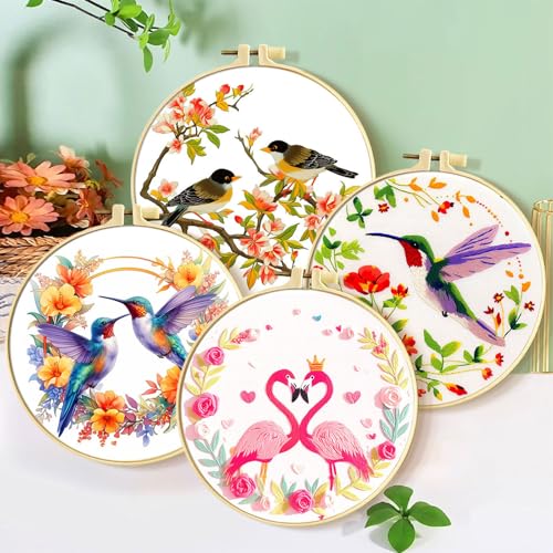 FEIYUENO 4 Pack Hummingbird Embroidery Kit for Adults Beginner, Bird - color: Bird