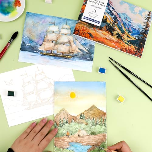 Grabie Watercolor Coloring Book, 15 A5 Cotton Sheets, Landscape Themed - color: Landscape