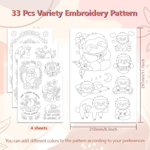 Peacoblue Sloth Stick and Stitch Embroidery Patterns, Water Soluble - color: Sloth