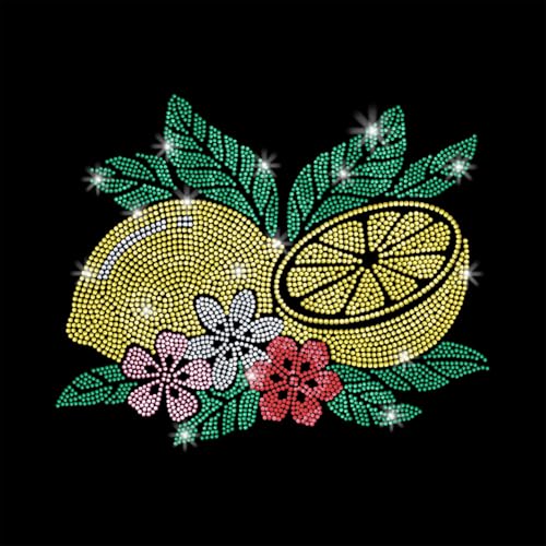 1 Pc Fresh Lemon Floral Iron on Rhinestones Transfer, Summer Fruit Hotfix Iron on Patch Transfer Decals Crystal Heat Transfer Clothing Repair Decor for T-Shirt Hat Jacket Party Decor - color: Lemon Floral