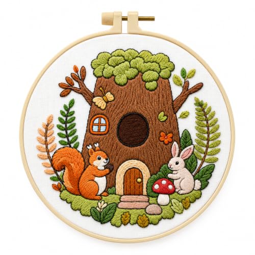 Zhenqing Treehouse Friends Embroidery Kit for Beginners, Woodland Animal Needlework Kit with Pre-Printed Cotton Fabric, Hoop, Threads & Tools, Nursery Decor (C0142) - color: Treehouse Friends