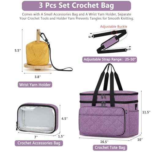 Crochet Organizer Bag with Yarn Holder, Large Yarn Storage for Accessories - color: Purple