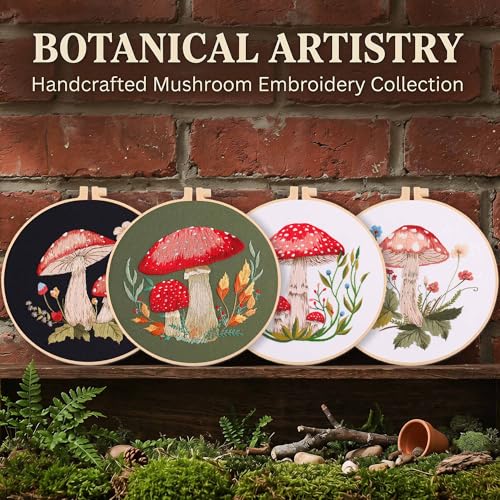 Harimau Adult Beginner Embroidery Starter Kit, Complete Set with 4 Patterns, 2 Hoops, Needles, Scissors, Instruction Guide & Stitching Video Tutorials - color: Mushroom2 pattern
