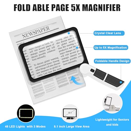 5X Handheld Magnifier for Page Reading - Large Folding Lighted Magnifier with 48 LED Lights (3Modes), Rectangular Handhold Magnify Lens Gifts for Reading Small Prints, Low Vision, Seniors - style: Full-Page Black