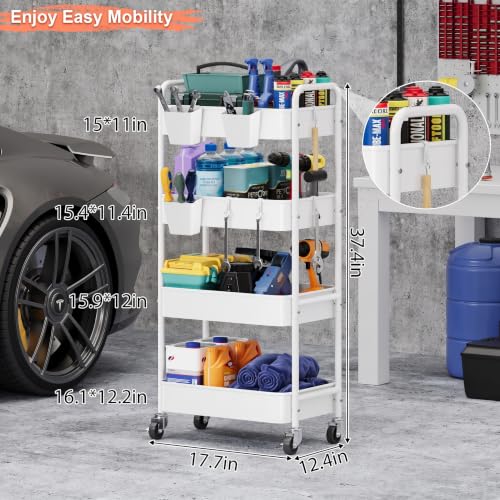 4 Tier Rolling Storage Cart Metal with Wheels, 37in Heavy Duty Roller Carts - color: Light White, size: 4 Tier + Cups + Hooks
