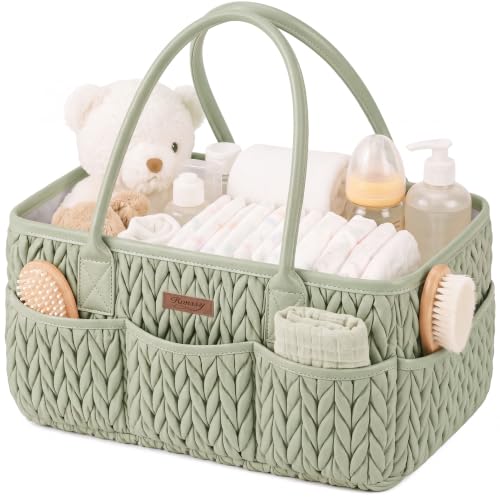 Konssy Baby Diaper Caddy Organizer, Braided Quilted Design with PU Handles - color: Fog Green