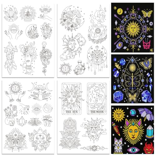ORIGACH 4 Sheets Magic and Witchcraft Theme Water Soluble Embroidery Patterns Stabilizers - Pre-Printed Sun Moon & Evil Eye Designs - Stick & Stitch Embroidery Paper for Hand Sewing Lovers - color: Sun Moon & Evil Eye