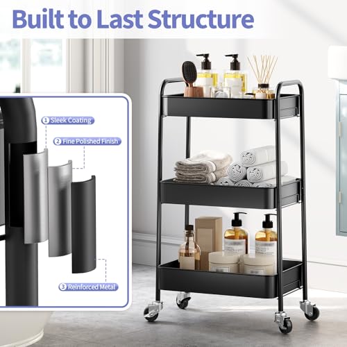 TOOLF 3 Tier Metal Rolling Cart, Utility Storage Cart with Wheels, Black - color: Black, size: 3-Tier