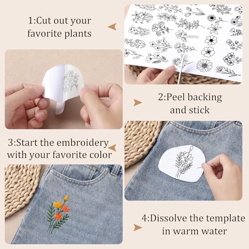 Water Soluble Embroidery Stabilizers for Hat - 3 Sheets 42 Pcs Stick and Stitch Self Adhesive Wash Away with Pre-Printed Flower Pattern for Cap Cloth Embroidery Hand Sewing Lover Beginners DIY Gifts - size: Pattern: Cap