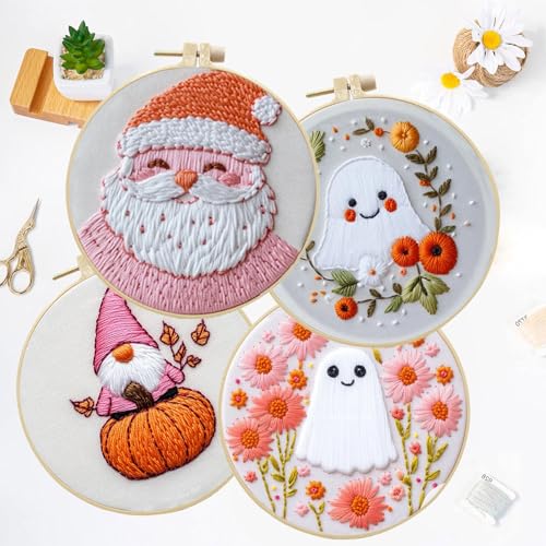 LB 4 Pack Halloween Embroidery Kit for Beginners, Halloween Ghost Christmas Santa Fall Gnome Pumpkin DIY Hand Embroidery Kit with Hoop, Threads, Holiday Craft Kit for Adults - color: Pink and White