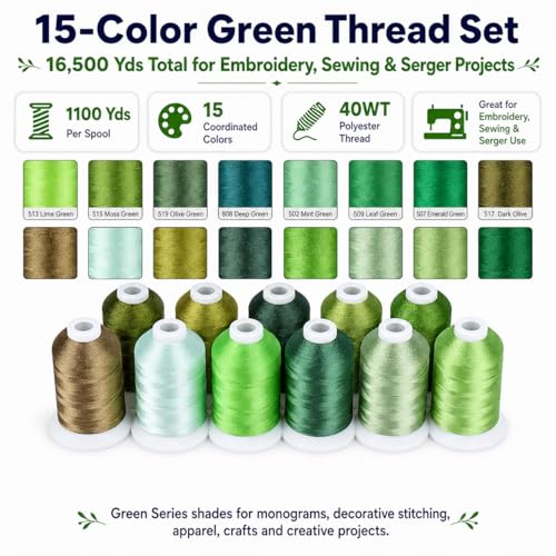 Simthread 15-Color Polyester Machine Embroidery Thread Set, Green Series - color: 15green colors