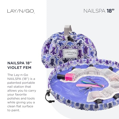 Lay-n-Go NailSpa Drawstring Cosmetic Bag - Portable Nail Supplies Organizer Bag w/ 8 Elastic Mesh Pockets & Circular Center -Durable, Machine Washable Nail Kit Organizer (18", Violet Floral [Purple]) - color: Violet Fem (Purple)