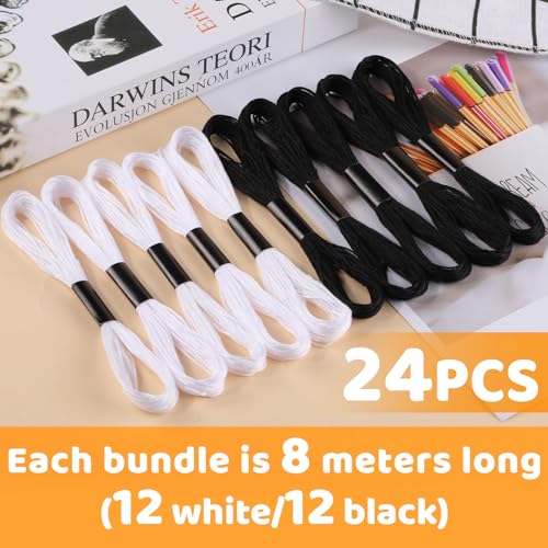 24 Skeins Embroidery Thread, Black and White Series Embroidery Floss - color: White+Black