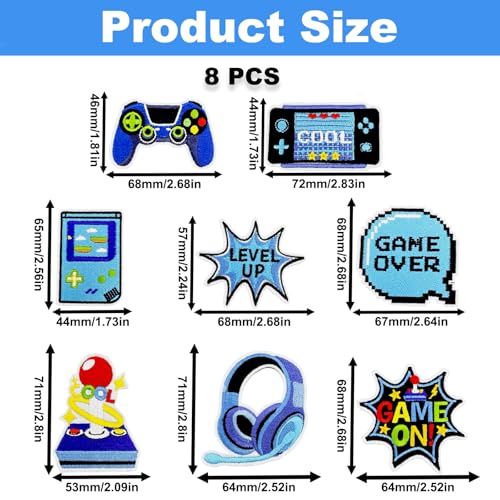 8PCS Video Game Iron On Patches, Blue Gaming Embroidery Appliques - color: Video Game