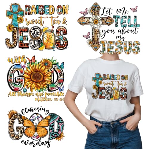4 Packs Jesus Iron on Transfer Patches Cross God Iron on Vinyl Decals for Jeans Christ Jesus Butterfly Sunflower DTF Heat Transfer Vinyl Stickers DIY Iron on Appliques for Clothing T-Shirt Craft - color: Jesus A