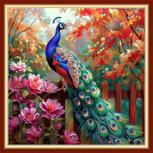 Joyhoor Stamped Cross Stitch Kits for Beginners, Needlepoint Kits for Adults, 11CT Counted Embroidery Kits-Peacock Flowers 18x18 inchs - color: Artstyle08