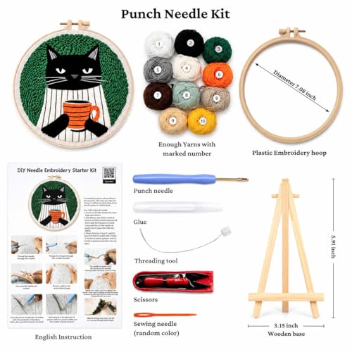 CELCRAFTIQUE Punch Needle Kits for Adults Beginner, Tool with Punch Needle Fabric, Hoops, Yarns and Sewing Needles (Coffee Cat) - color: Coffee Cat