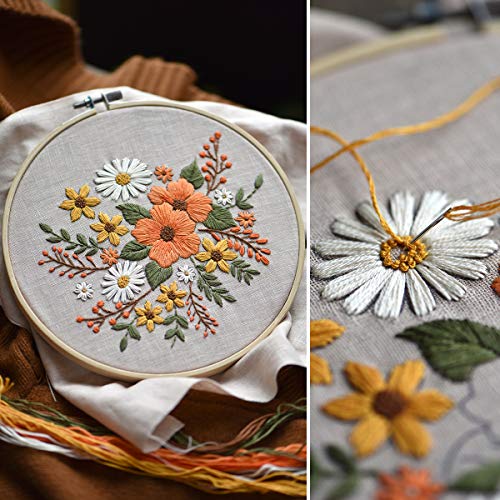 KISSBUTY Embroidery Starter Kit with Pattern, Bamboo Hoop, Color Threads, Flaxen Fabric (Floral Design, Kid, Art Craft Kit)