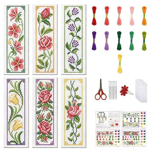FREEBLOSS 6 Set 11CT Cross Stitch Bookmark Kit 8"x2.4" Vine Flowers - style: Floral Plant
