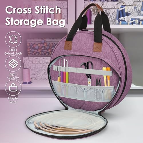 Embroidery Project Bag, Embroidery Supplies Storage Carrying Tote Case with Multiple Pockets and Handle, Cross Stitch Bag, Double Layer Round Embroiderys Project Bags for Floss Hoops Thread (Purple) - color: Purple