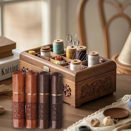 Uniquer 4 Pieces Wooden Sewing Needles Holder Set Retro Engraving Printed Needle Storage Case Box for DIY Sewing Craft Accessories
