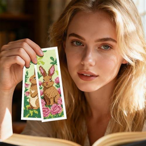 INFUNLY 6 Set Brown Rabbit DIY Cross Stitch Bookmark Kits for Adults Flowers Counted Cross Stitch Kit with Instructions Bunny Stamped Embroidery Bookmark Kit for Book Lovers Readers Gift - style: Rabbit