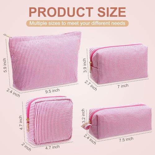 Sanwuta 4 Pcs Seersucker Pouch Striped Makeup Bag Set, Pink - color: Pink