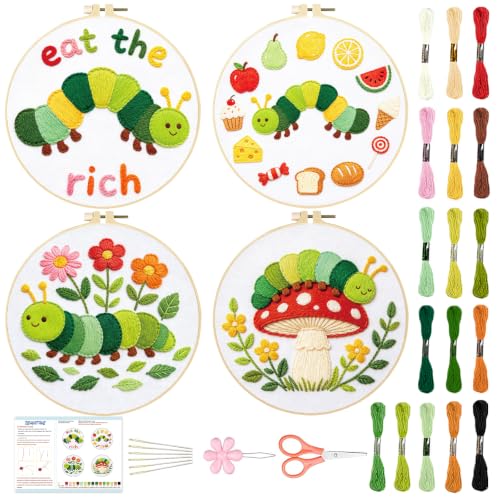 BEUNITONE 4 Set Embroidery Kits for Beginners with Easy Caterpillar Pattern, DIY Craft Kits Include Instructions and 2 Embroidery Hoops, Cross Stitch Needlepoint Kits for Craft Lover and Home Decor - style: A-Caterpillar