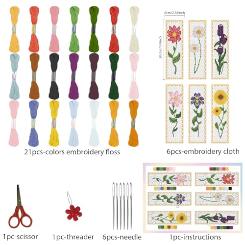 FREEBLOSS 6 Set Cross Stitch Bookmark Kits 11CT 8"x2.4" Vivid Flowers - style: Flower Branches 1