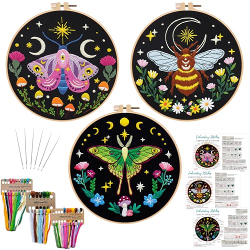 Nuberlic 3 Pack Embroidery Kit for Beginners, Moth and Bee Patterns - color: Moth and Bee