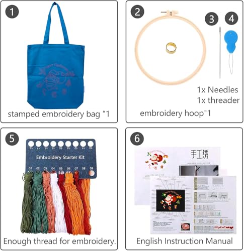 CREAWONDER Canvas Tote Bag Embroidery Kit with Pattern for Beginners, Arts and DIY Embroidery Crafts Kits for Adults, Include Instructions, Thimble, Embroidery Hoops, Color Threads and Tool - color: CR002 SantaClaus darkblue