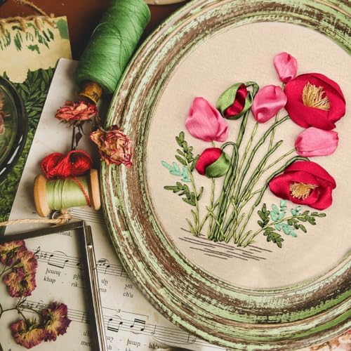 FONNUY Ribbon Embroidery 3D Flowers Pattern Design Kit Embroidery DIY Handwork Set Oval Home Decoration (Red Rose) - style: Red Rose
