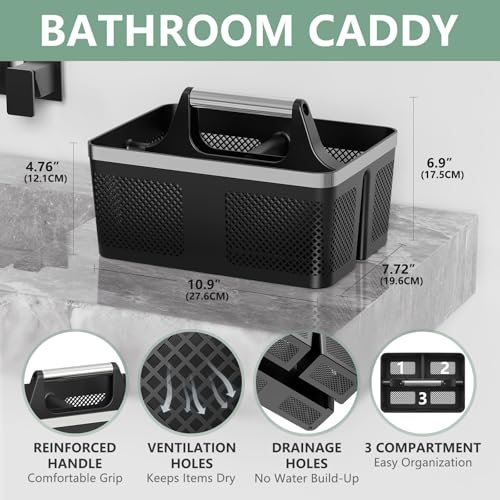 BYUNER Black Shower Caddy Portable: Plastic Bathroom Caddy Organizer with Handle and Holes, Cleaning Caddy, Hard Shower Basket Storage Tote for Toiletry, College Dorm Room Essentials for Men - color: Black/Silver
