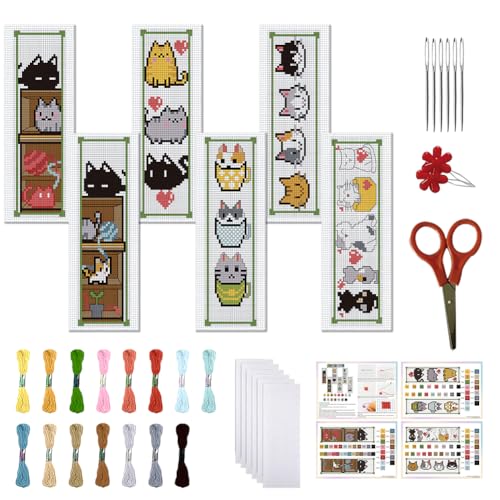 FREEBLOSS 6 Set Cross Stitch Bookmark Kit 8"x2.4" 11CT Cartoon Cat - style: Cats Life