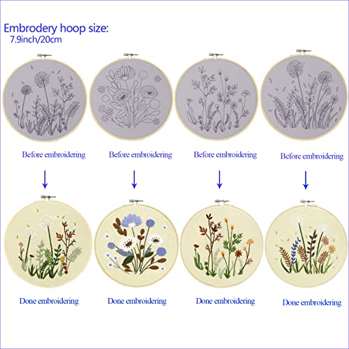 Bonroy 4 Sets Embroidery Set for Beginners, Art Craft, Easy Sewing Embroidery Kit Includes Embroidered Clothes with Patterns, Embroidery Hoops, Instruction Manual, Colorful Stitch Set (2 Most) - color: flowers 2
