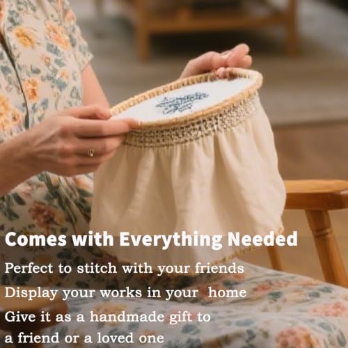 FONNUY Embroidery Kit for Beginners, Brightly Colored Landscape Lake Pre-Stamped Pattern Kits for Adults with Hoop, Easy to Follow Color Thread Needlework, 8'' Hoop (Darkblue) - color: Darkblue